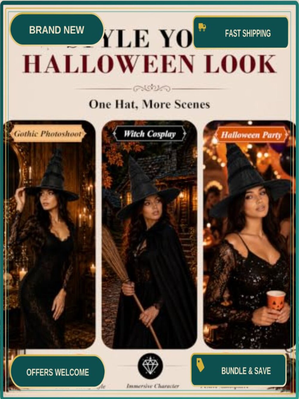 Halloween Witch Hat Costume Cosplay Lace Wide Brim Party Accessory - Picture 3 of 6
